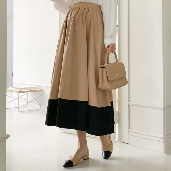韓国初期/中期ママ*シークトン配色後ろバンディングスカート
