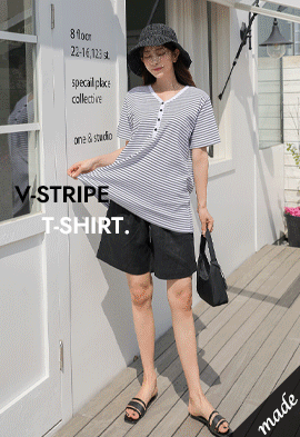 韓国授乳服*モチモチストライプ半袖授乳Tシャツ