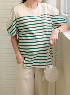 韓国マタニティウェア*肩パフストライプ半袖Tシャツ