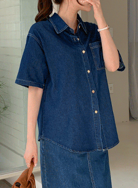 韓国マタニティウェア*デニムポケットオーバーサイズ 半袖シャツ